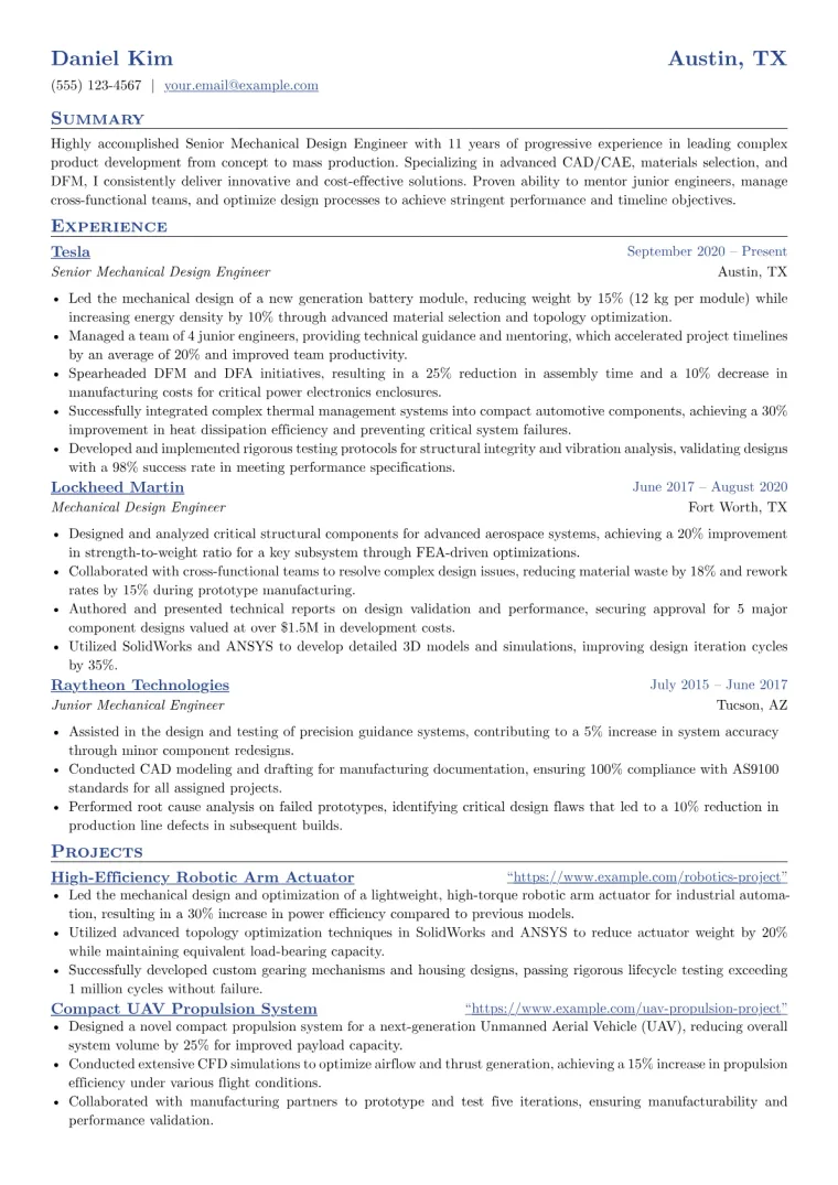 Senior Mechanical Design Engineer Resume Example preview