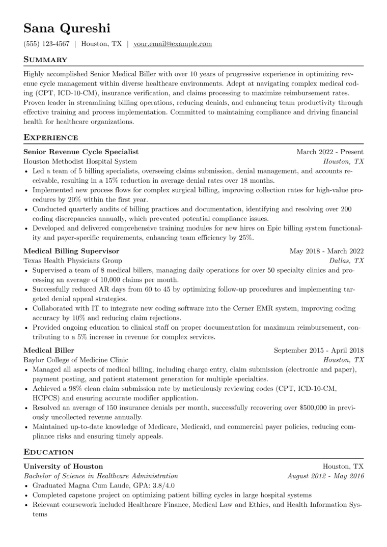 Senior Medical Biller Resume Example CV template preview