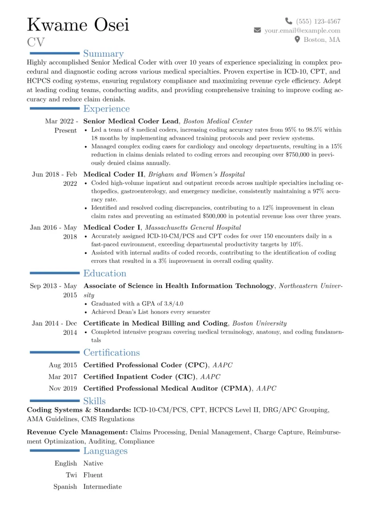 Senior Medical Coder Resume Example CV template preview