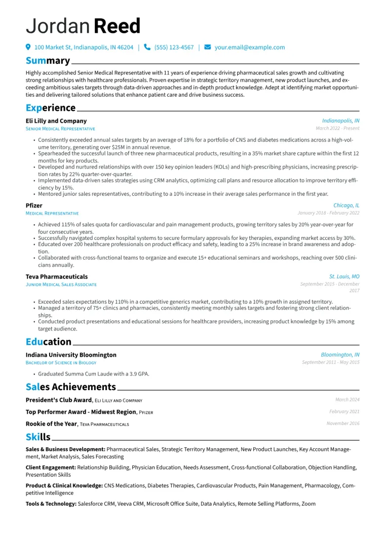 Senior Medical Representative Resume Example CV template preview
