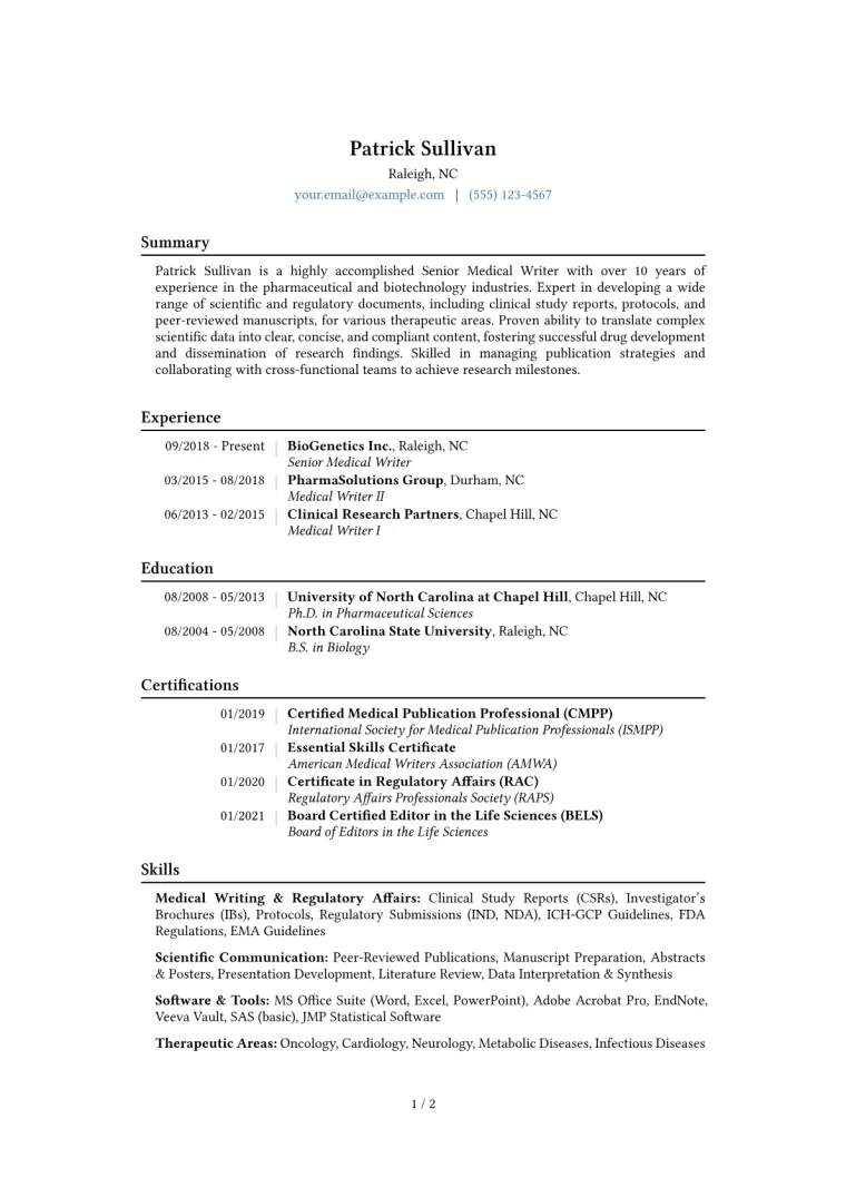 Senior Medical Writer Resume Example CV template preview