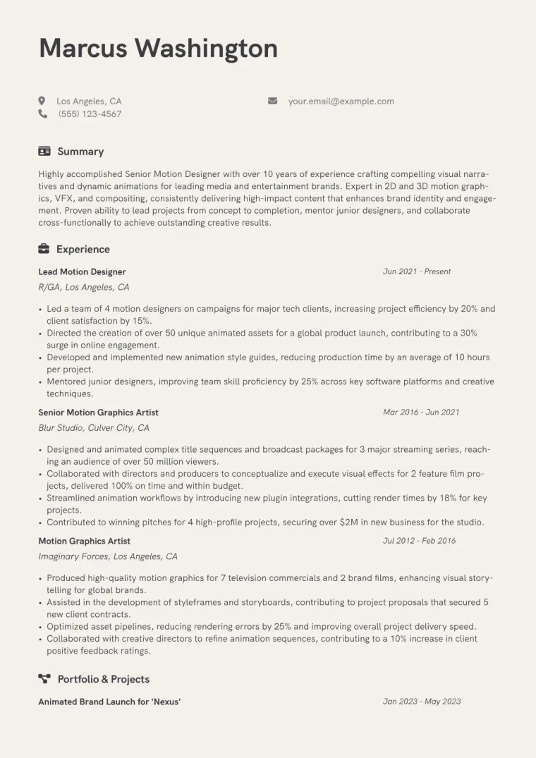 Senior Motion Designer Resume Example CV template preview