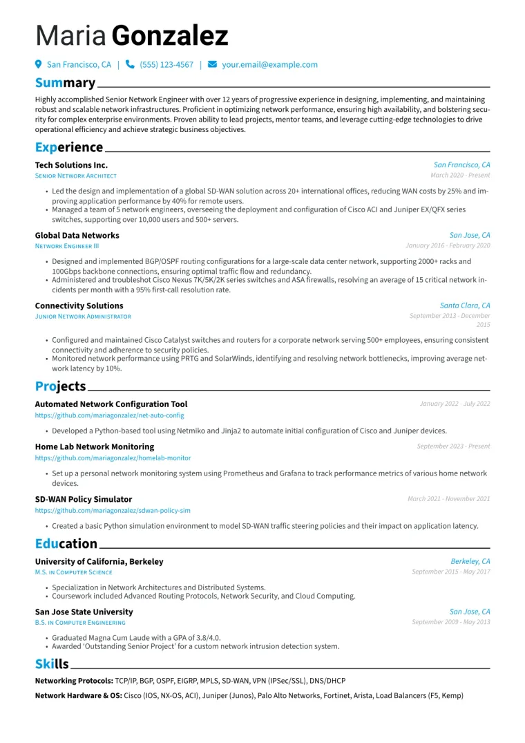 Senior Network Administrator Resume Example CV template preview