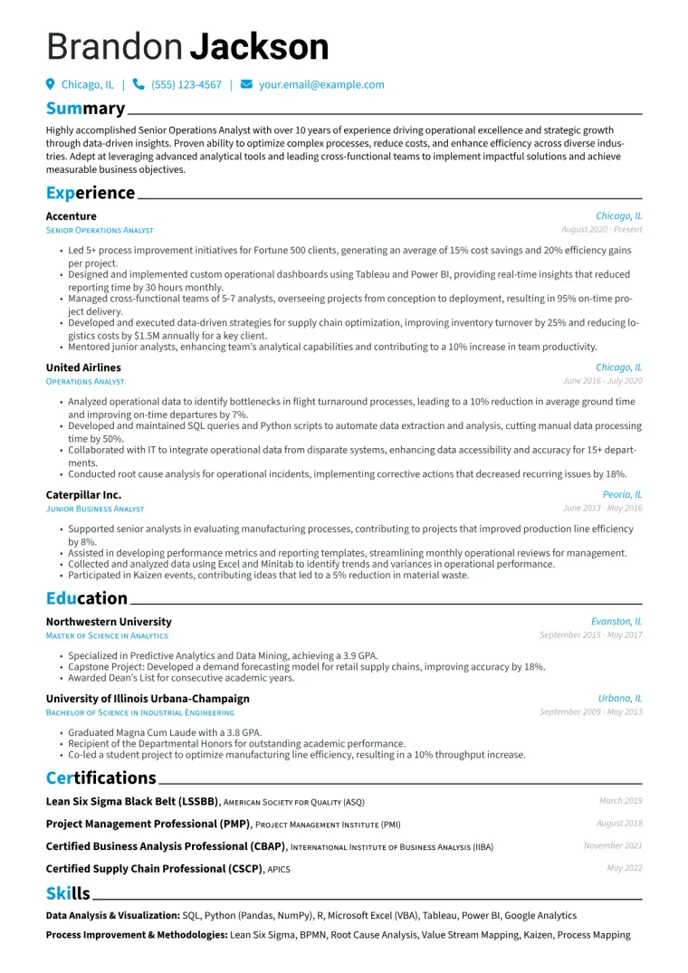 Senior Operations Analyst Resume Example CV template preview