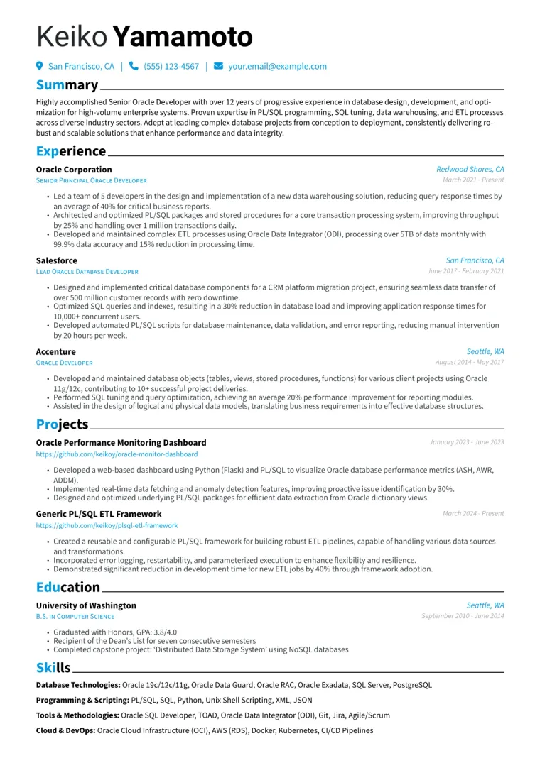 Senior Oracle Developer Resume Example CV template preview