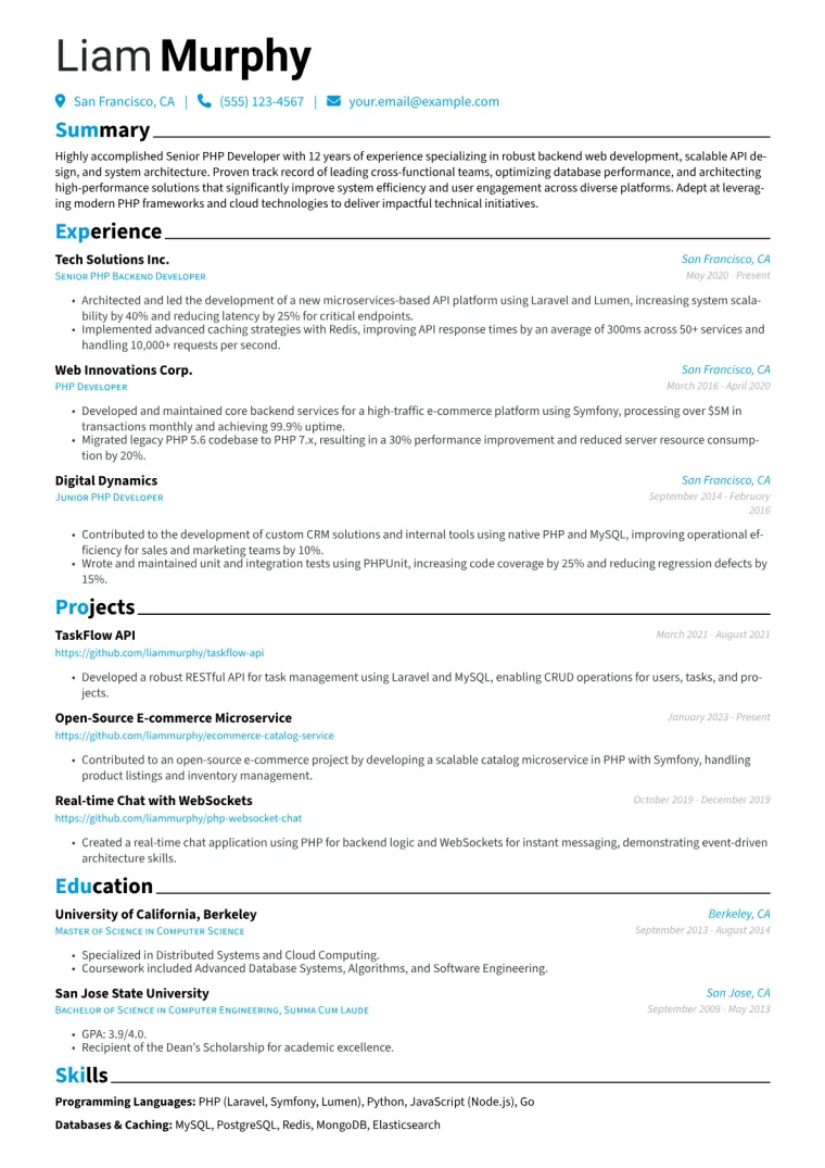Senior PHP Developer Resume Example CV template preview