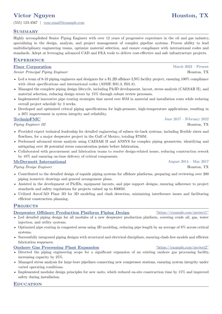 Senior Piping Engineer Resume Example preview