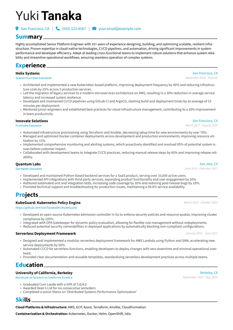 Senior Platform Engineer Resume Example CV template preview