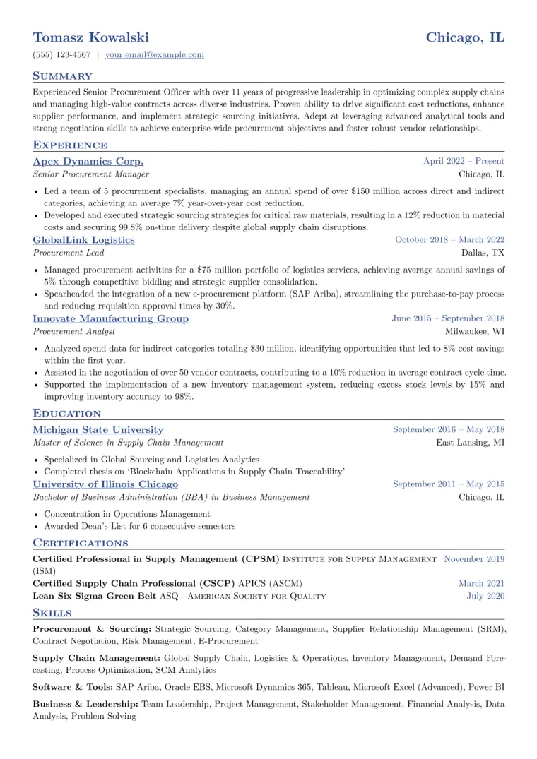 Senior Procurement Officer Resume Example CV template preview