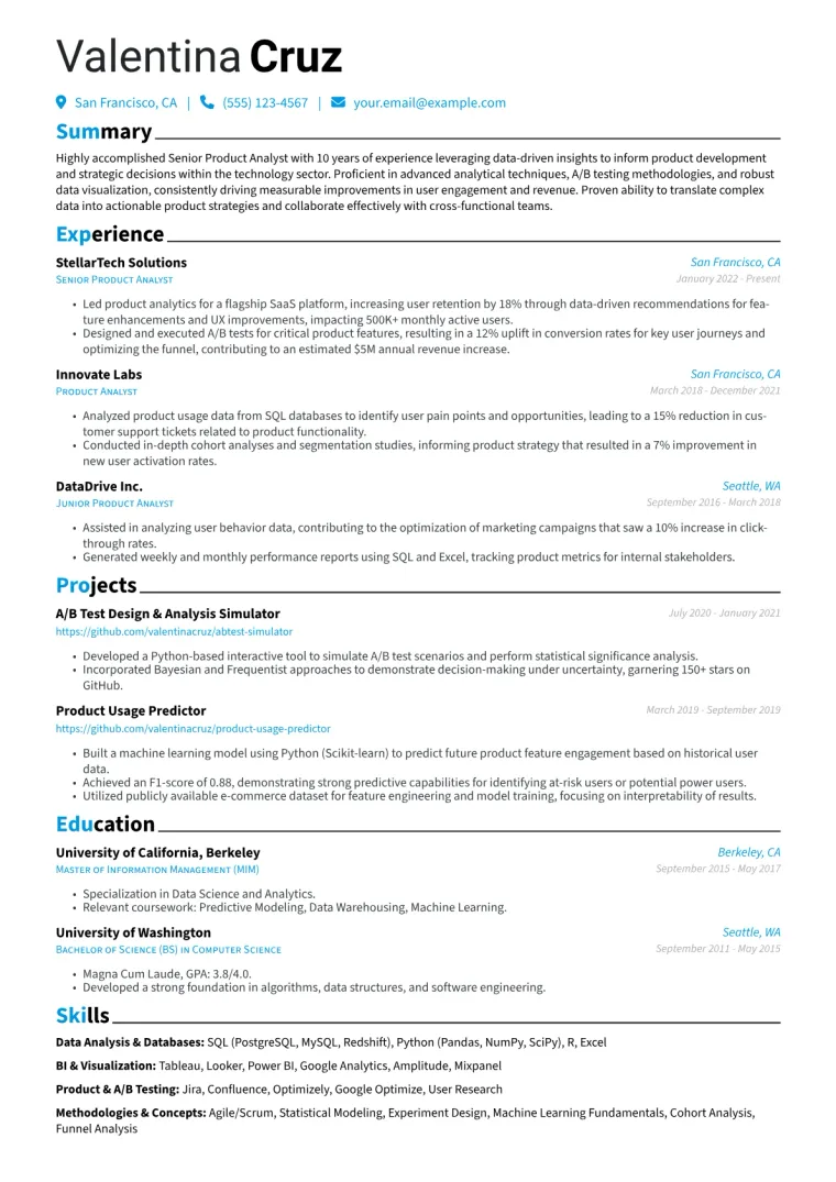 Senior Product Analyst Resume Example preview