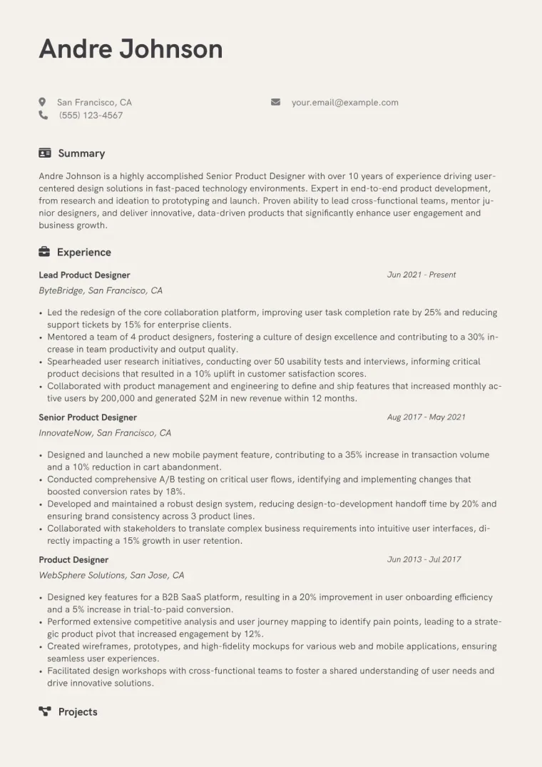 Senior Product Designer Resume Example CV template preview