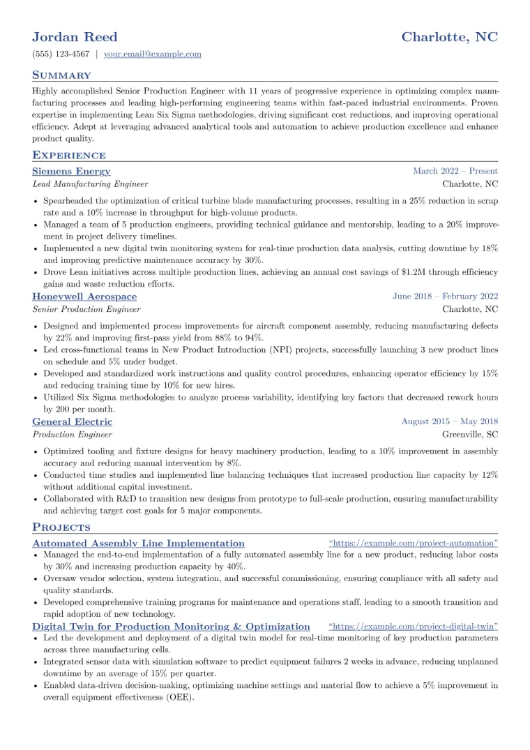 Senior Production Engineer Resume Example preview