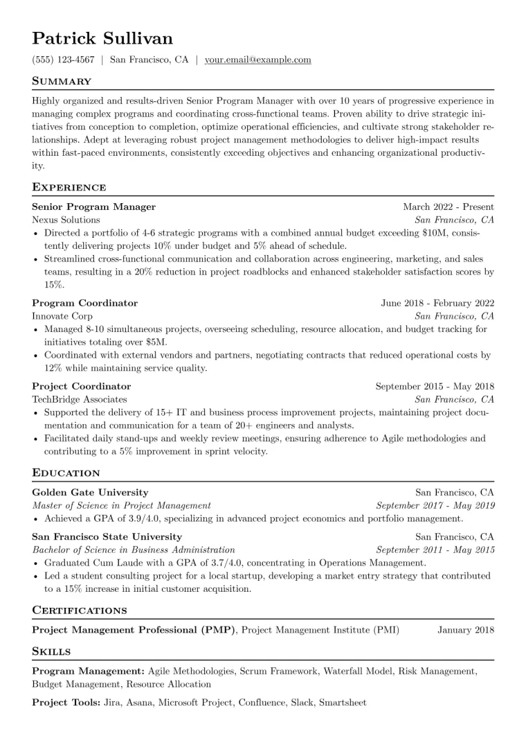 Senior Program Coordinator Resume Example CV template preview