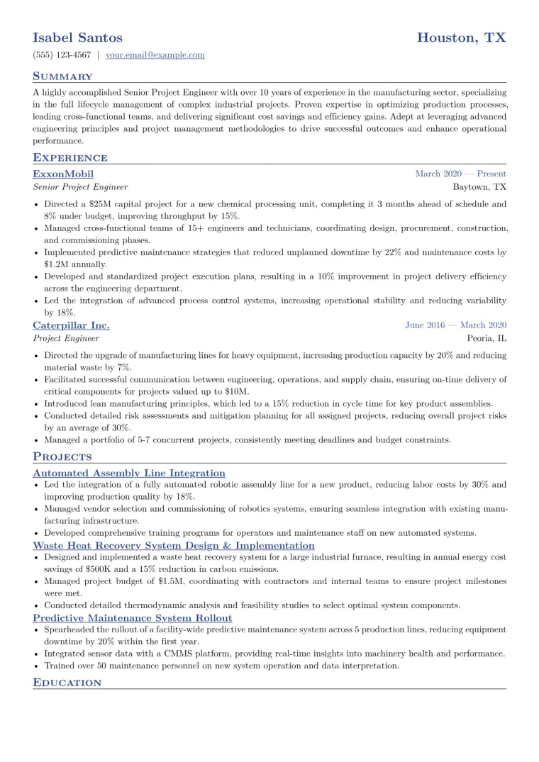 Senior Project Engineer Resume Example CV template preview