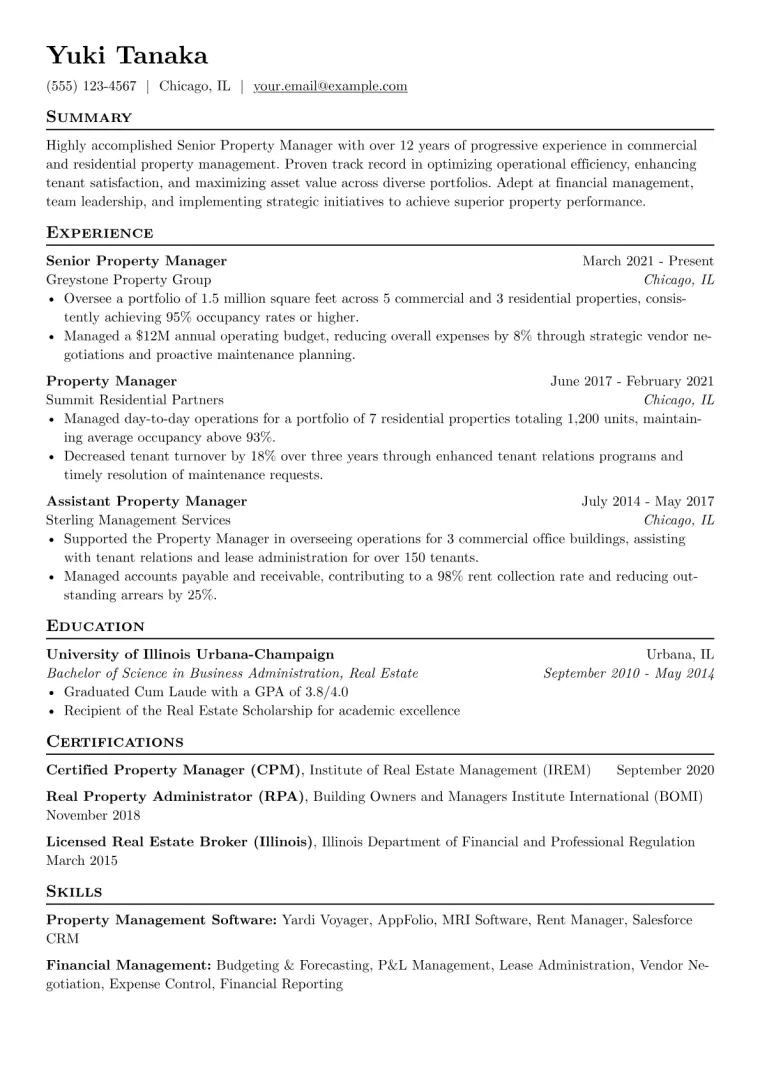 Senior Property Manager Resume Example CV template preview