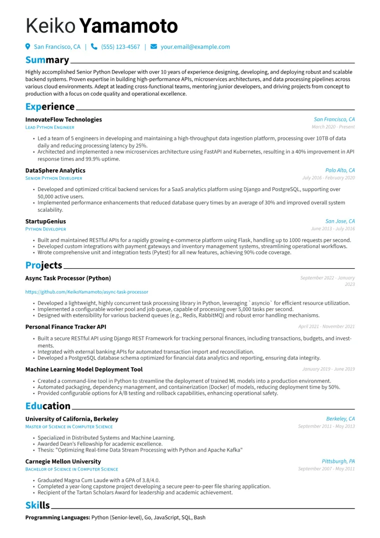 Senior Python Developer Resume Example CV template preview