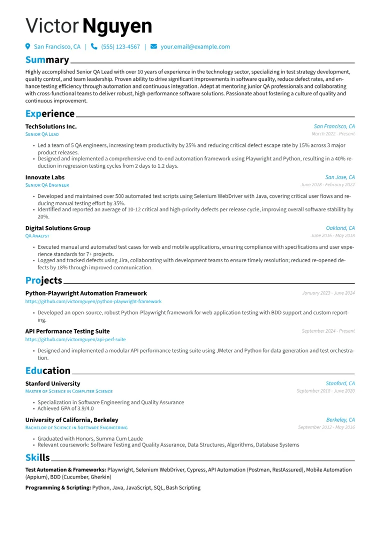 Senior QA Analyst Resume Example CV template preview