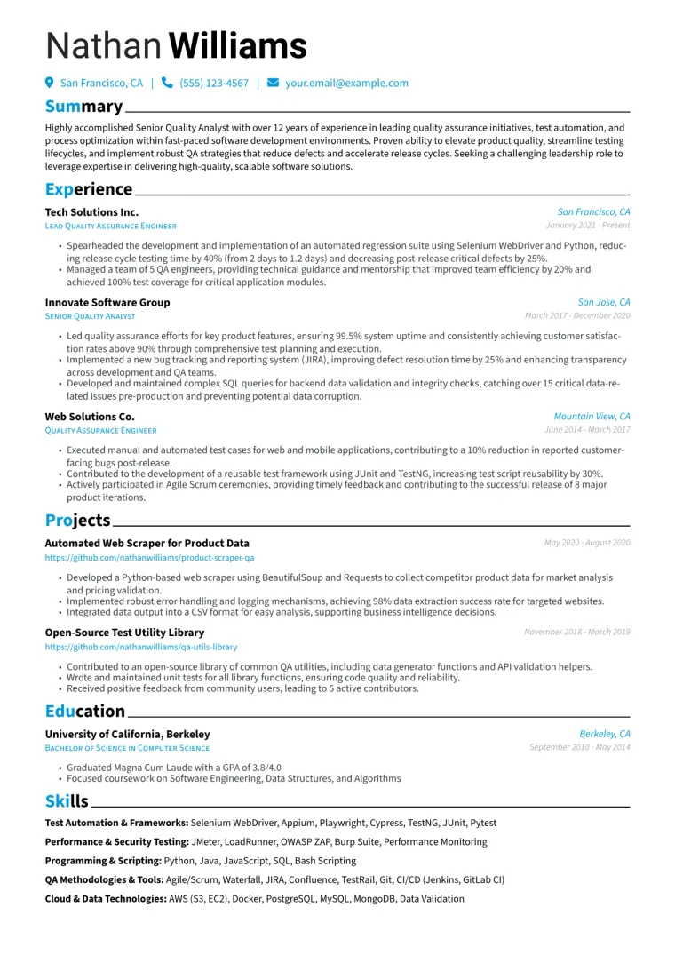 Senior Quality Analyst Resume Example CV template preview