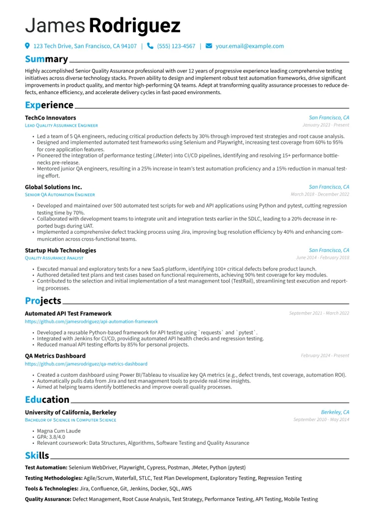 Senior Quality Assurance Analyst Resume Example CV template preview