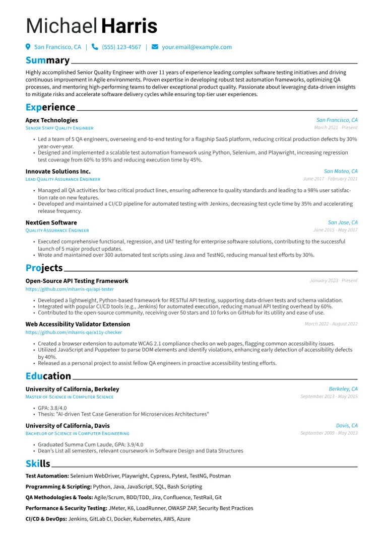 Senior Quality Engineer Resume Example CV template preview