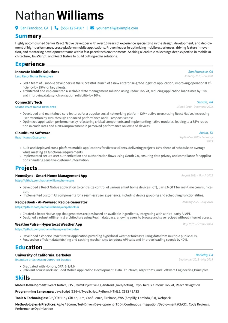 Senior React Native Developer Resume Example CV template preview