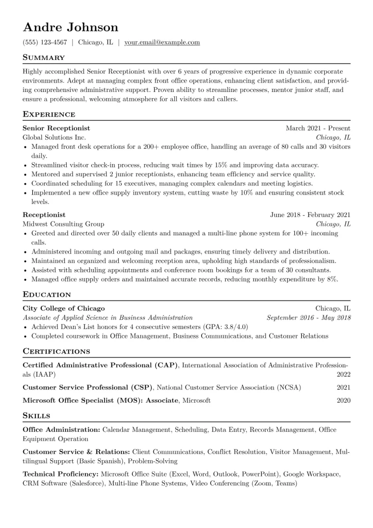 Senior Receptionist Resume Example CV template preview