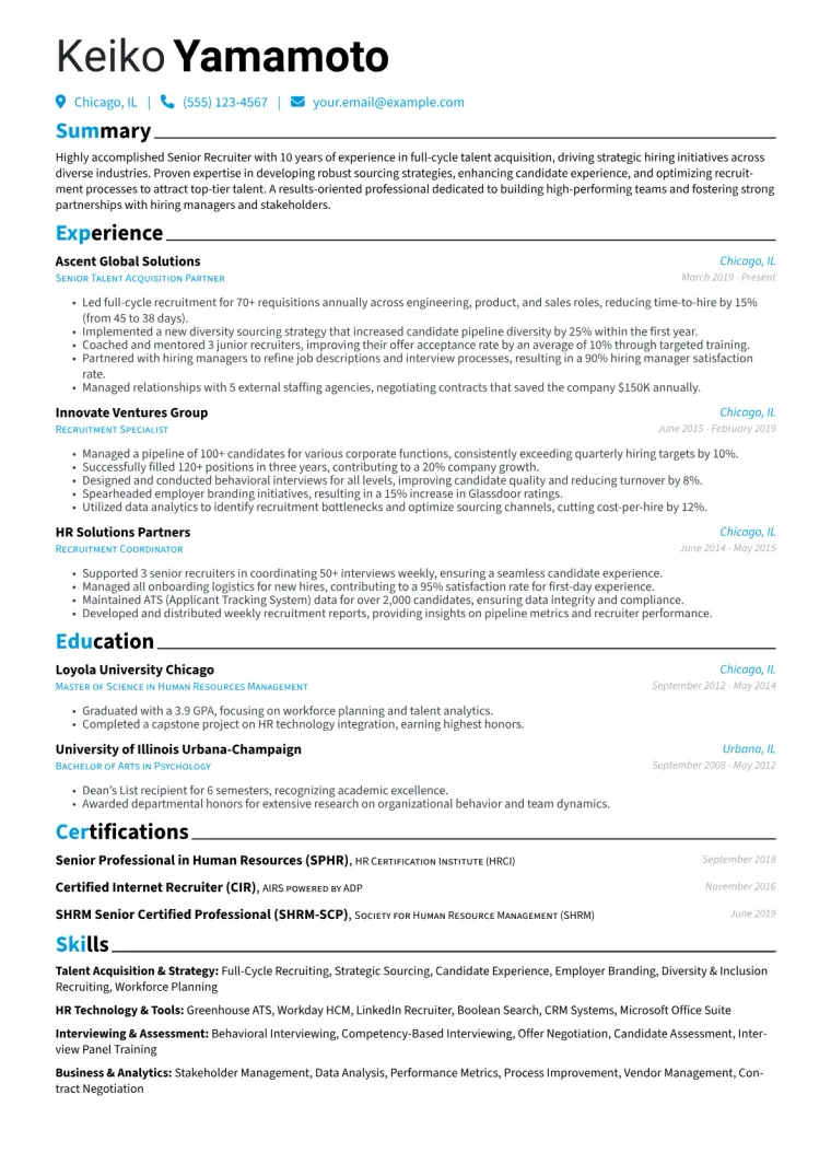 Senior Recruiter Resume Example CV template preview