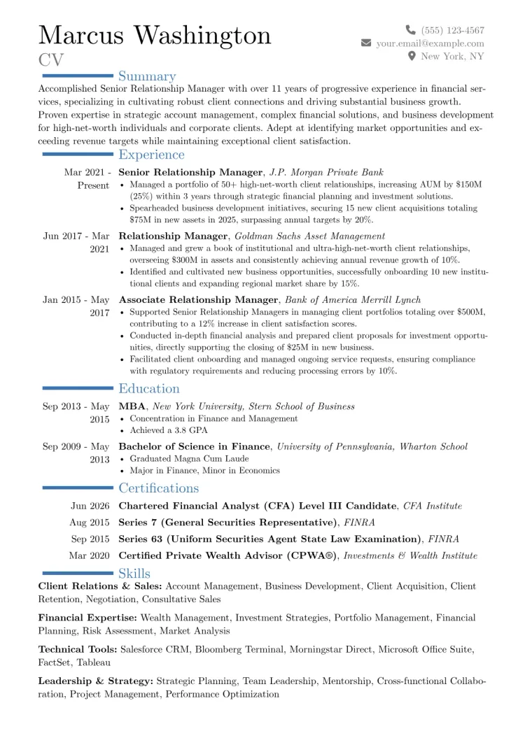 Senior Relationship Manager Resume Example CV template preview