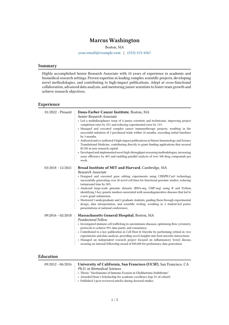 Senior Research Associate Resume Example preview