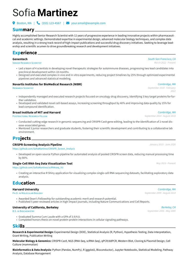 Senior Research Scientist Resume Example CV template preview