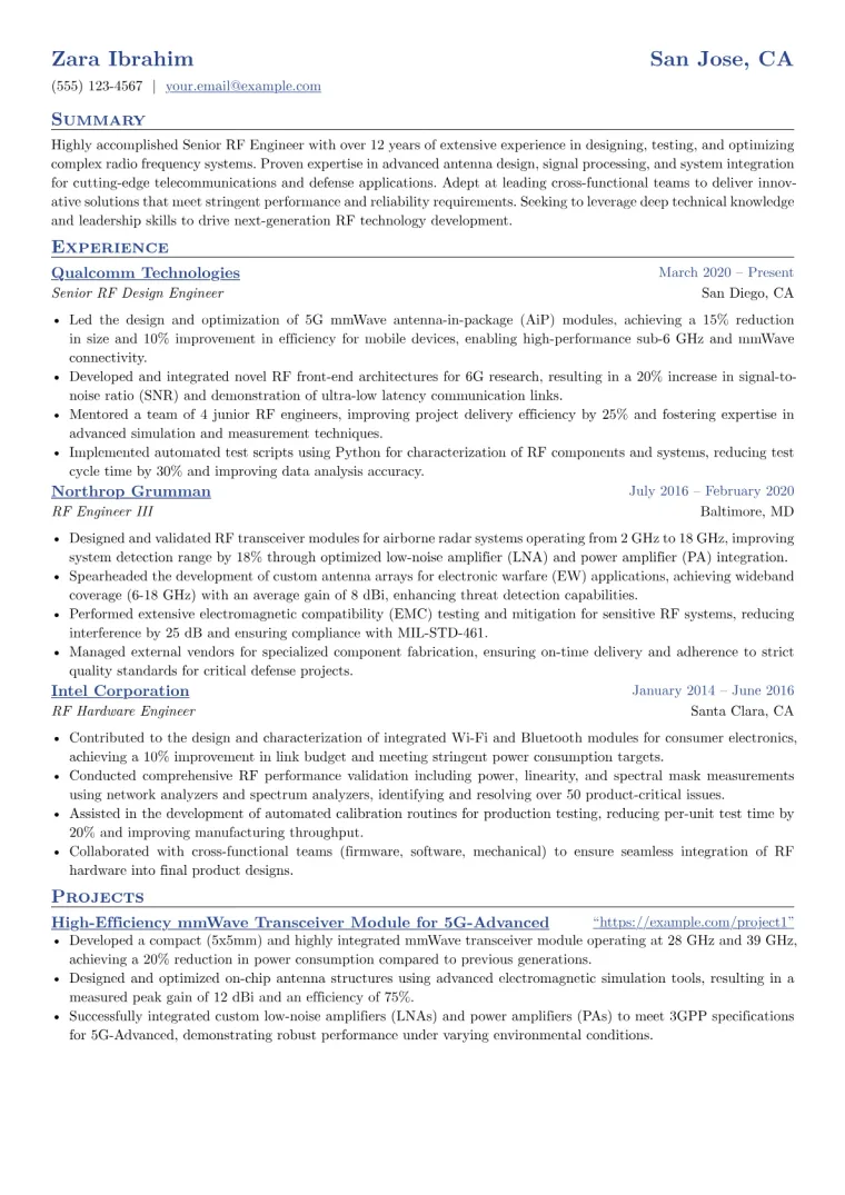 Senior RF Engineer Resume Example CV template preview