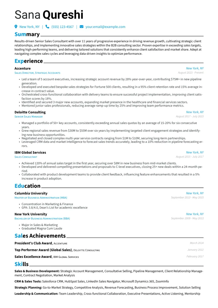 Senior Sales Consultant Resume Example CV template preview