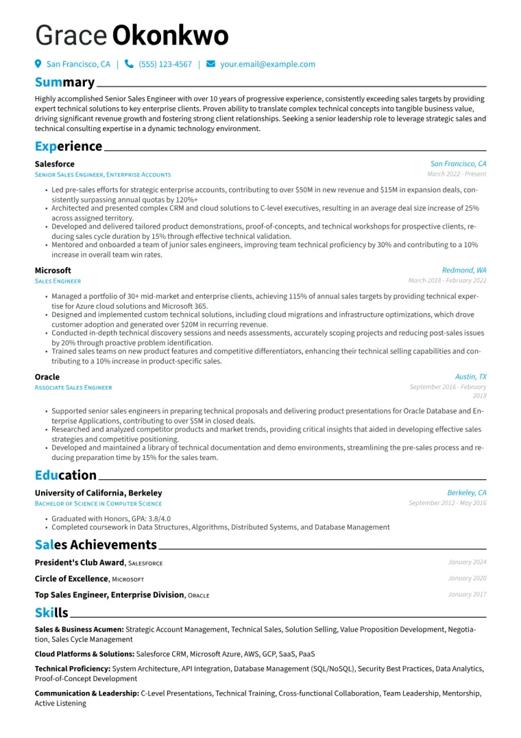 Senior Sales Engineer Resume Example CV template preview