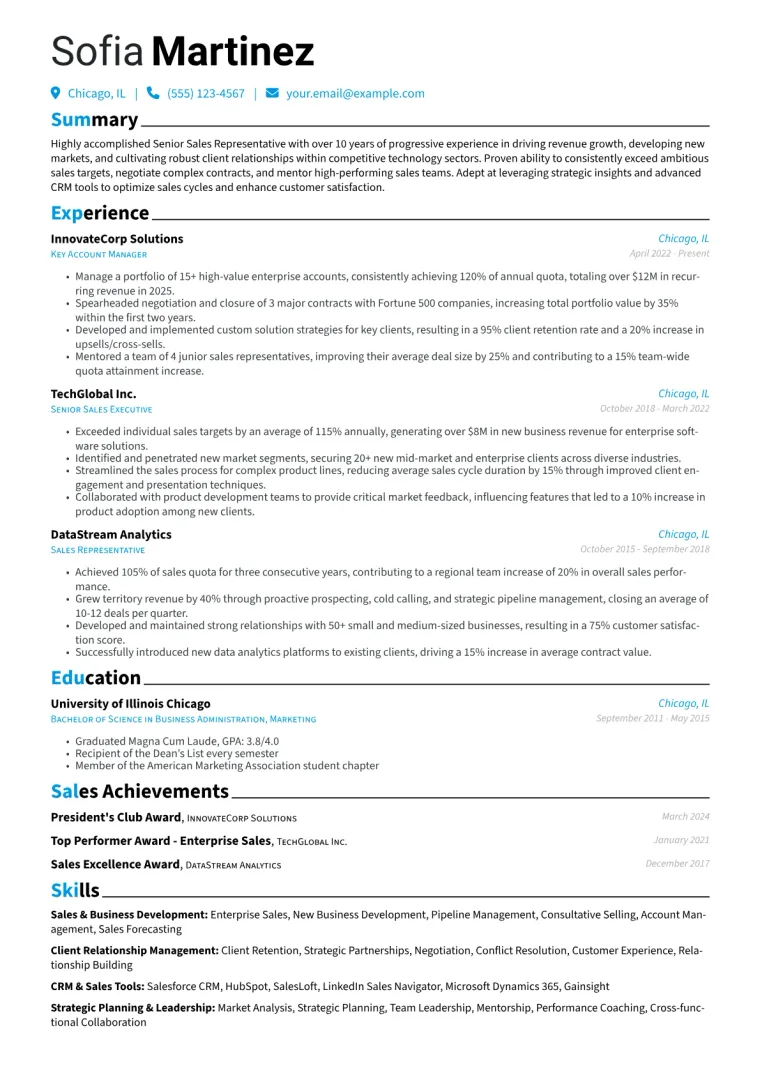 Senior Sales Representative Resume Example preview