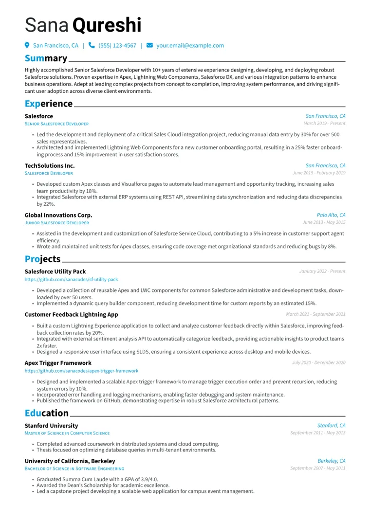 Senior Salesforce Developer Resume Example CV template preview