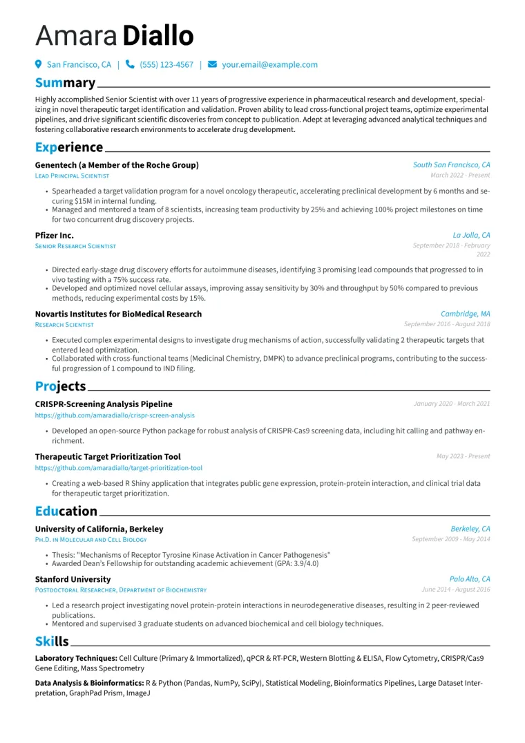 Senior Scientist Resume Example CV template preview