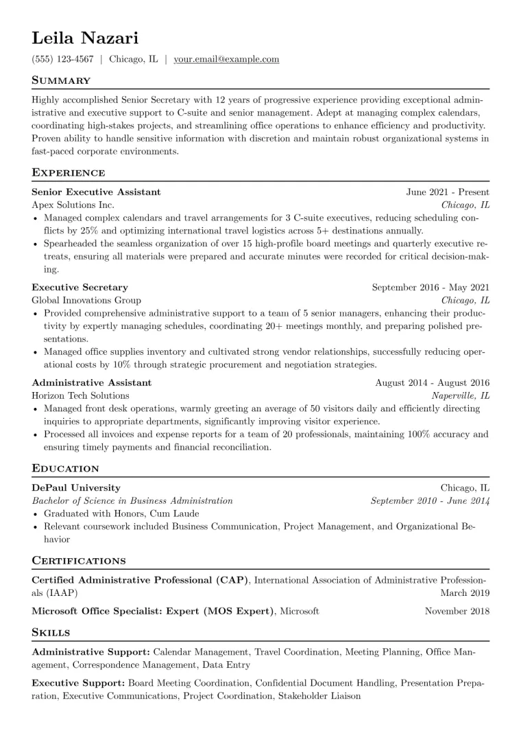 Senior Secretary Resume Example preview