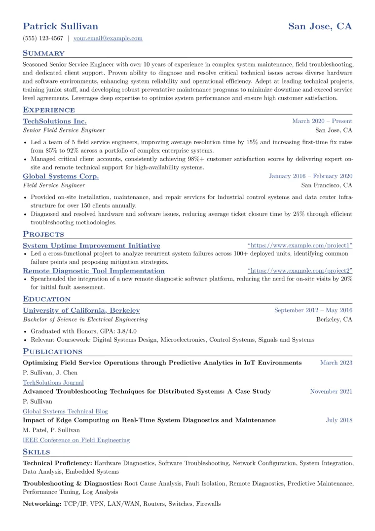 Senior Service Engineer Resume Example CV template preview