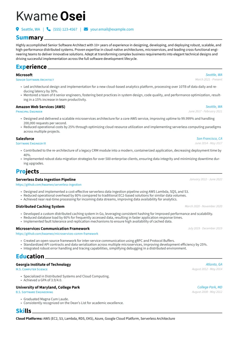 Senior Software Architect Resume Example CV template preview