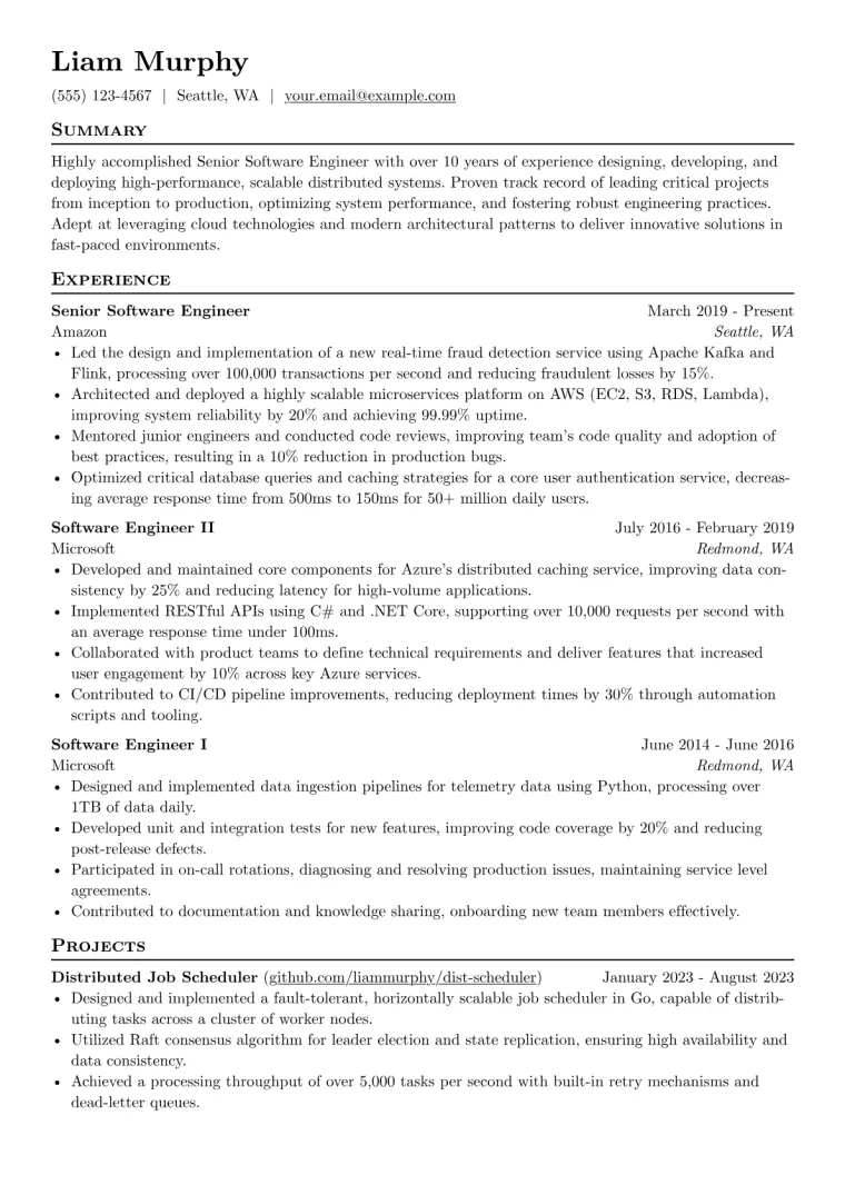Senior Software Engineer Resume Example CV template preview