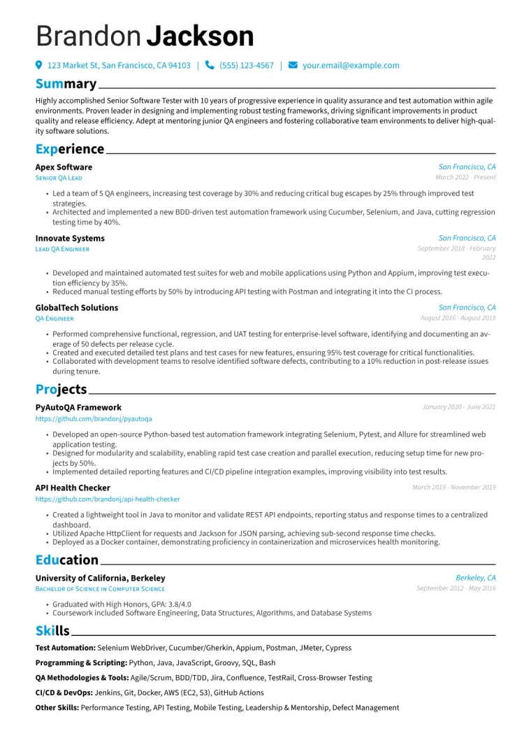 Senior Software Tester Resume Example preview