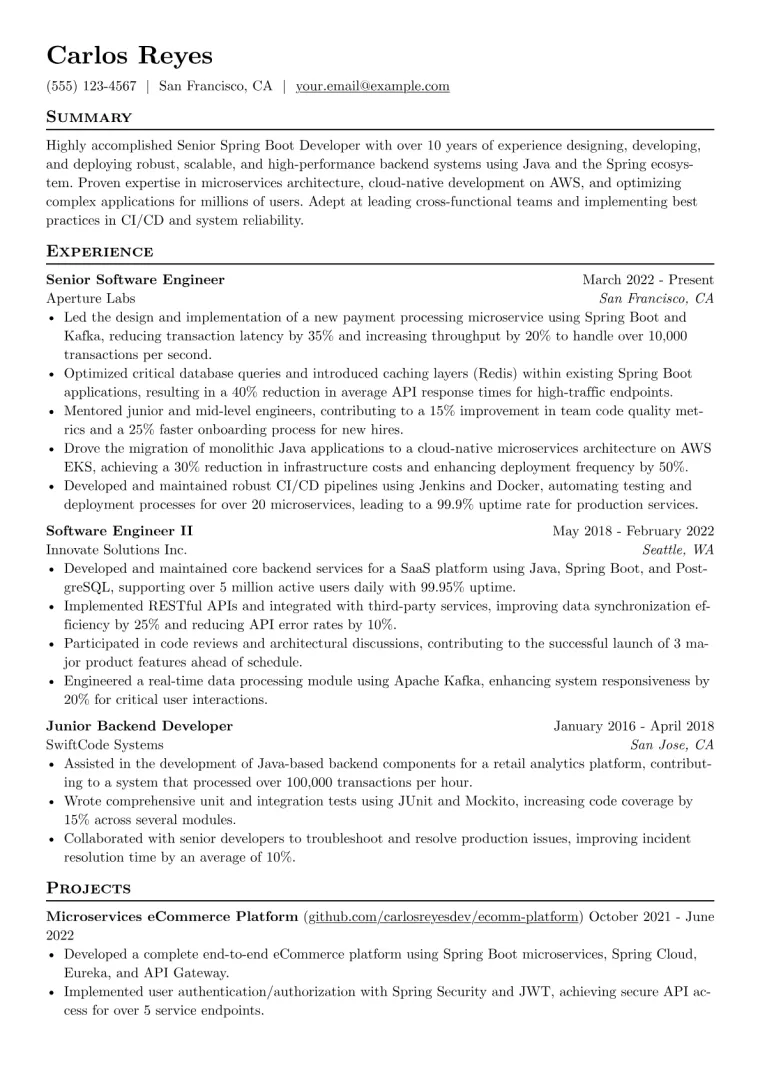 Senior Spring Boot Developer Resume Example preview