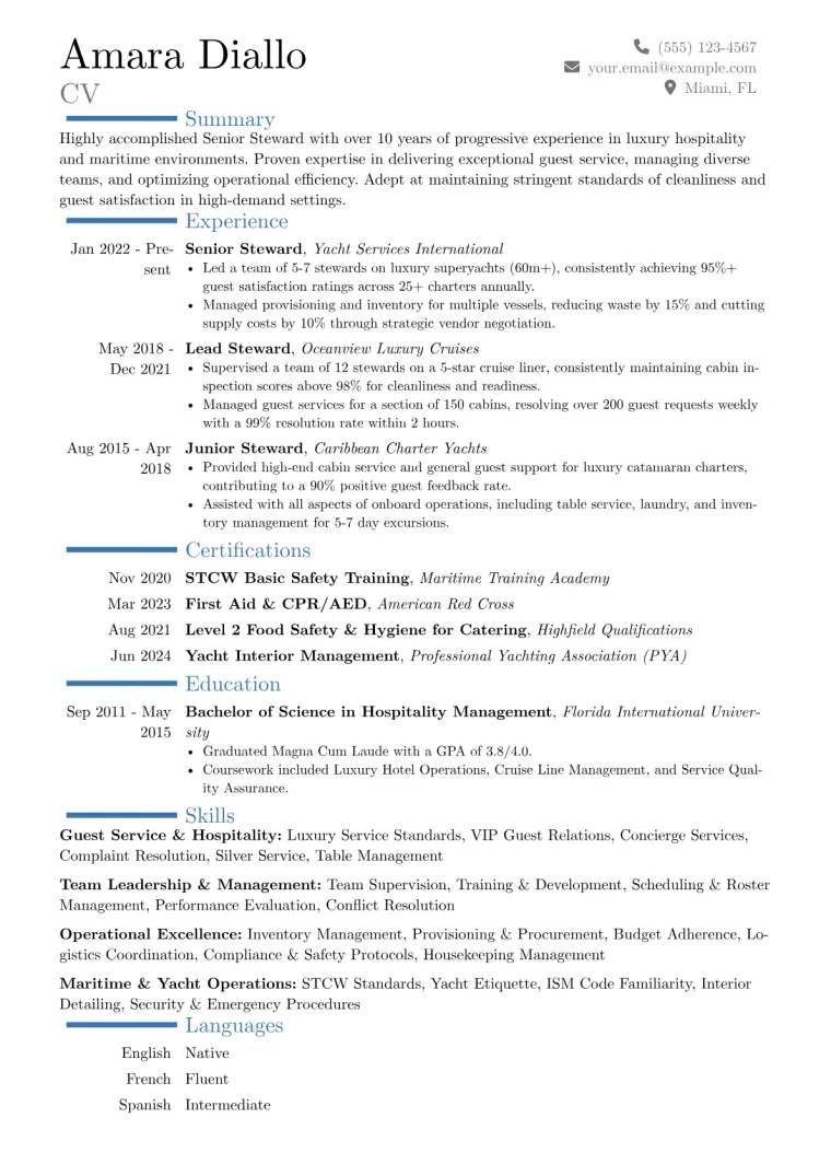 Senior Steward Resume Example CV template preview