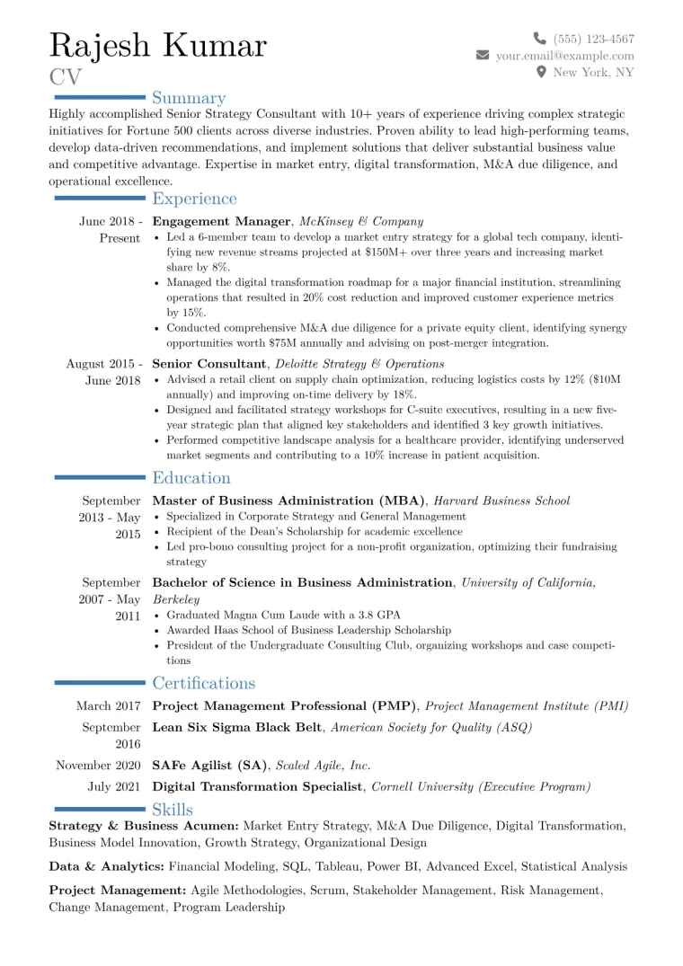 Senior Strategy Consultant Resume Example CV template preview