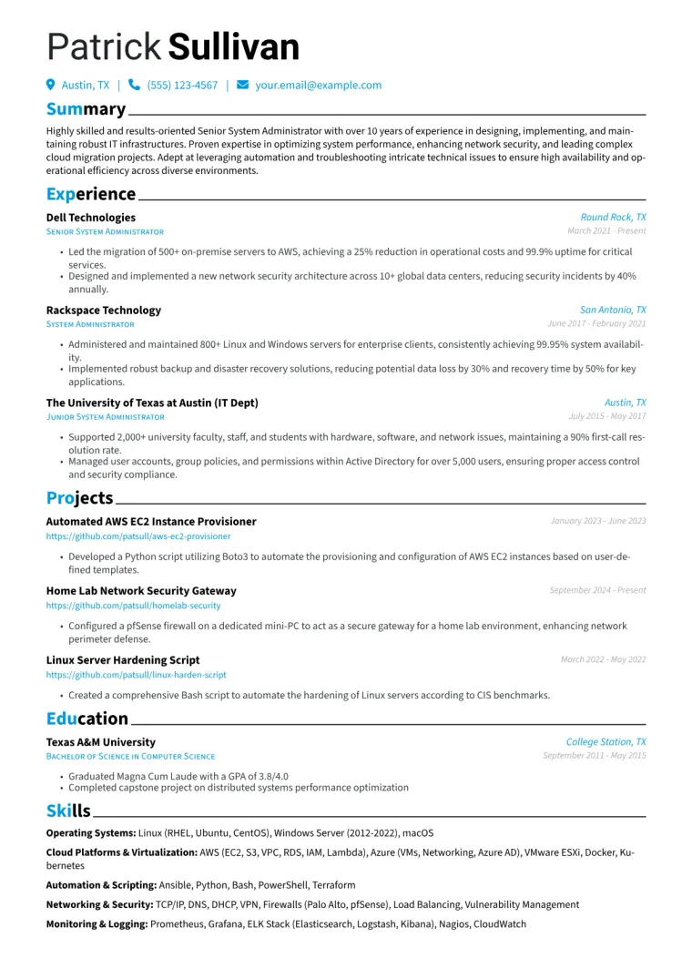 Senior System Administrator Resume Example CV template preview