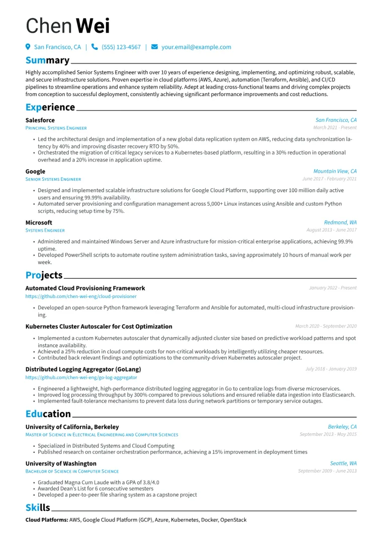 Senior Systems Engineer Resume Example CV template preview