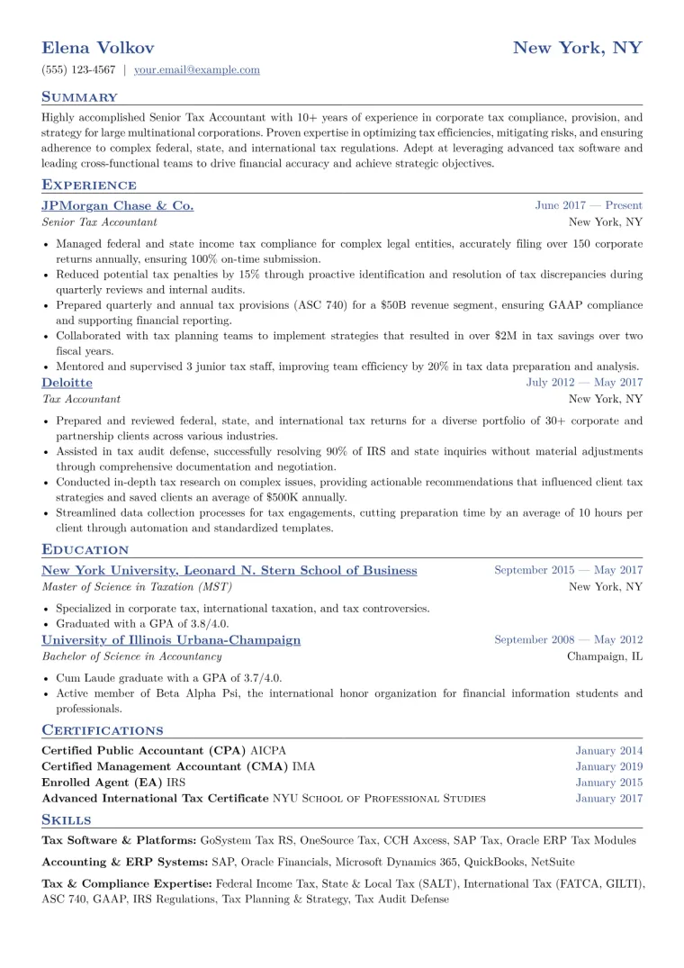 Senior Tax Accountant Resume Example CV template preview