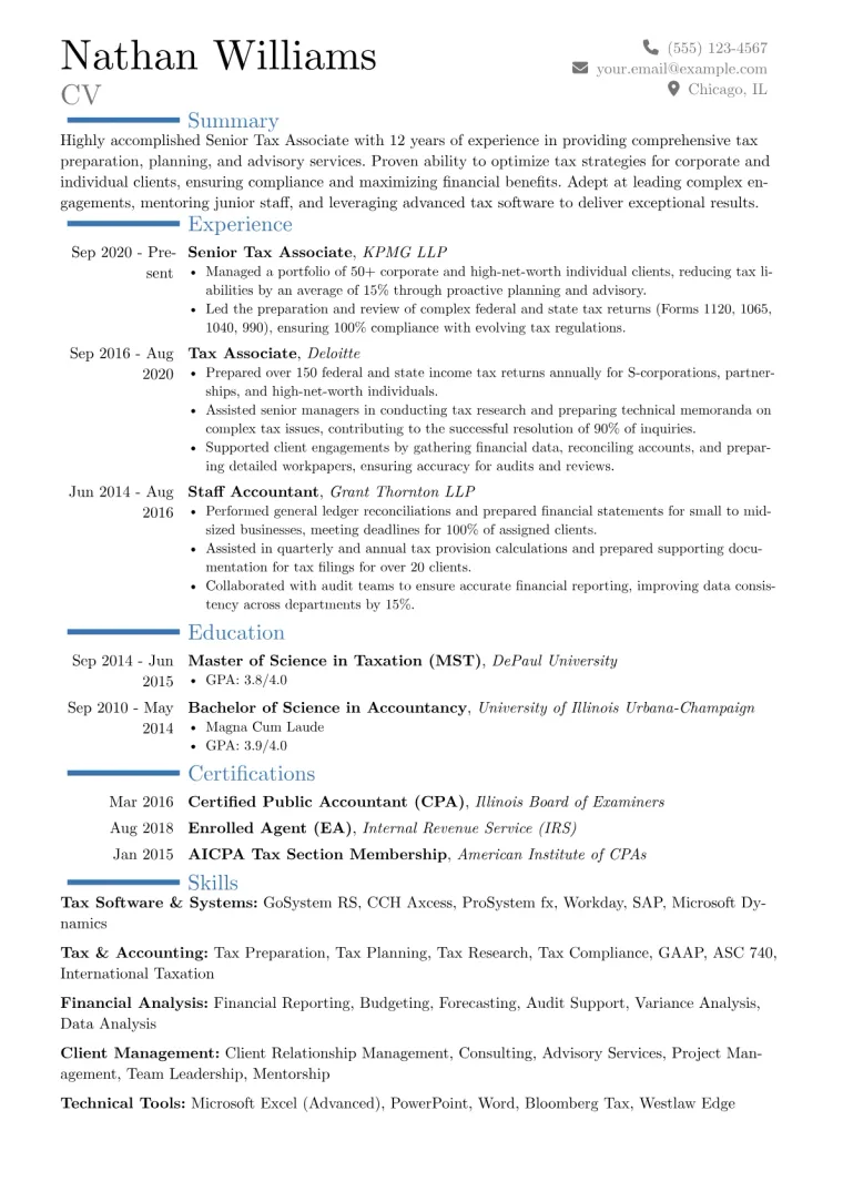 Senior Tax Associate Resume Example CV template preview