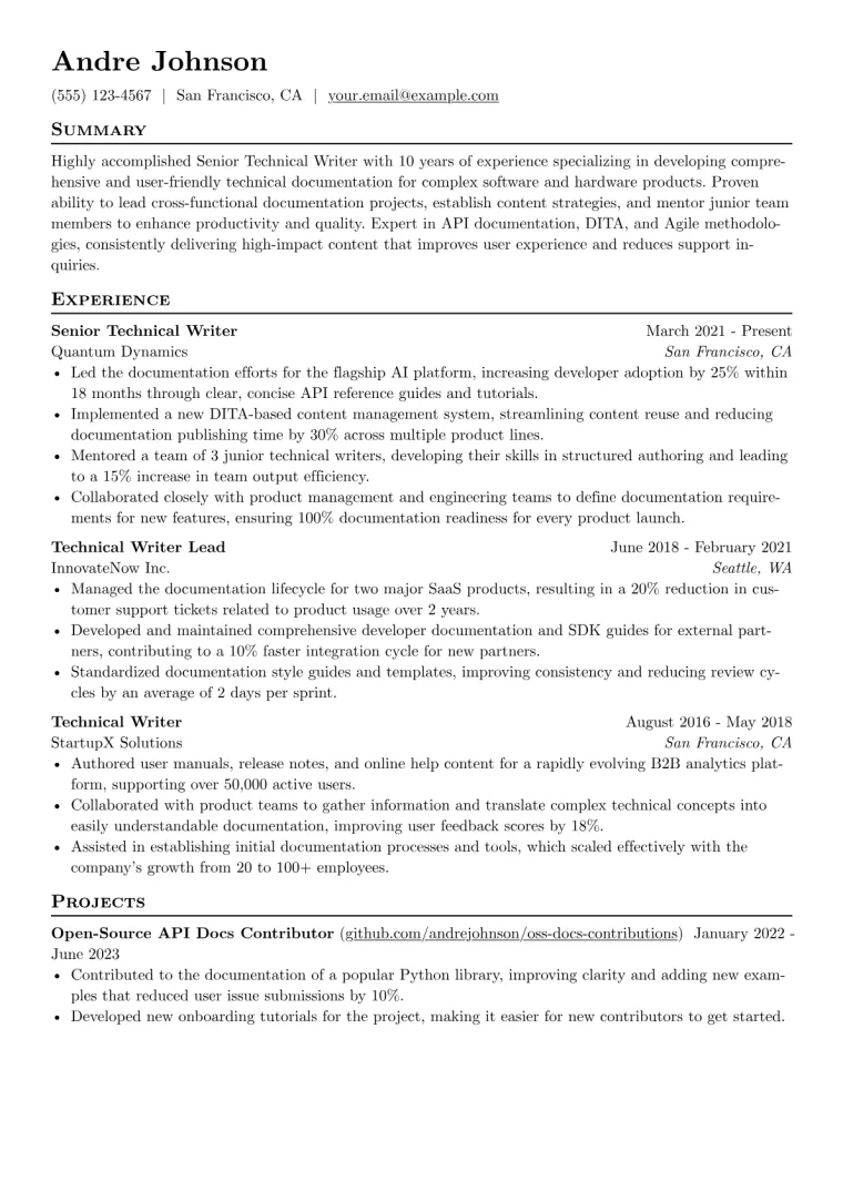 Senior Technical Writer Resume Example CV template preview