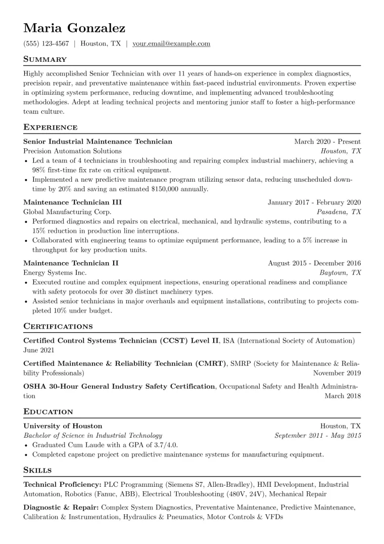 Senior Technician Resume Example CV template preview